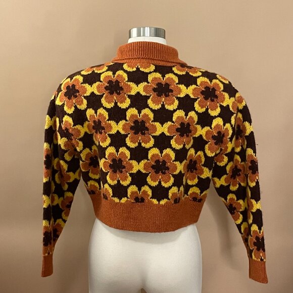 ZARA Daisy Flower 70's Vibe Brown & yellow Collar Knit Cardigan Sweater - Picture 4 of 7